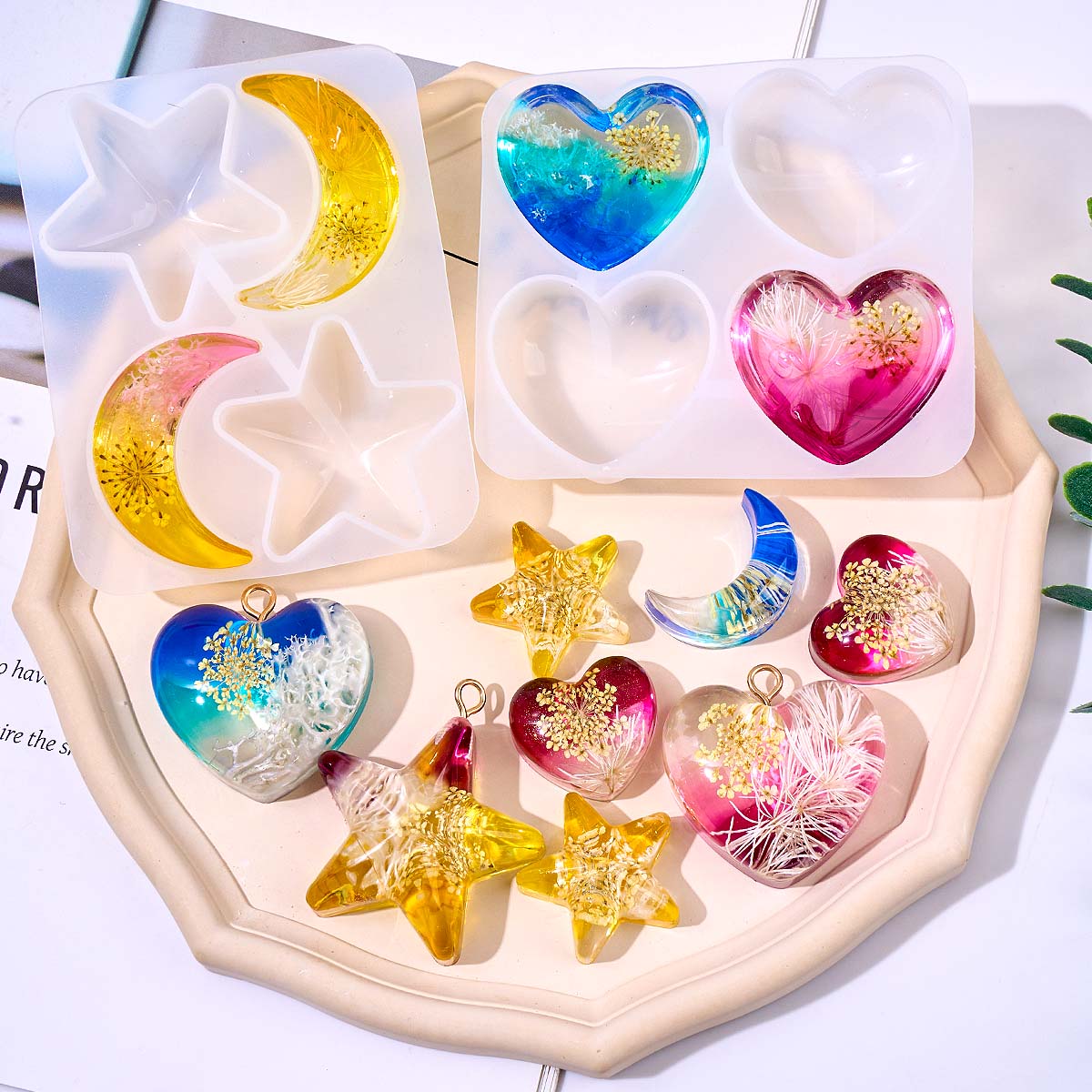 Resin Art Epoxy - ハートスタームーンペンダントシリコンモールド DIY エポキシ樹脂ジュエリー鋳造金型ネックレスモールドキーホルダー工芸品作成用品