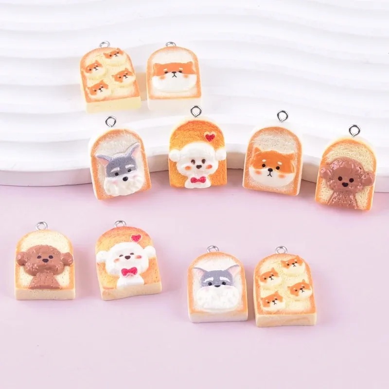 Resin Art Materials - 10 個かわいいトースト犬樹脂ペンダント漫画動物チャーム DIY クラフト用品イヤリングキーホルダーファッションジュエリー装飾