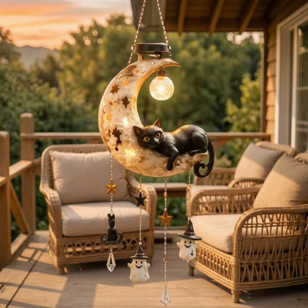 Resin Art Hanging - 耐候性屋外ガーデンアートソーラームーンブラックキャットウィンドチャイムライトソーラーパワー屋外吊り下げランプ防水ママ用