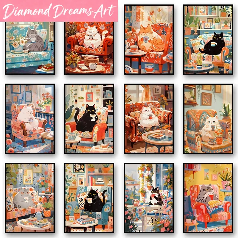 Resin Art Wallpaper - フレームレス、長毛のスコティッシュ猫がコーヒーを飲む – グレーの虎斑猫のダイヤモンドペインティング – 子供部屋の壁用北欧スタイルの動物アート D